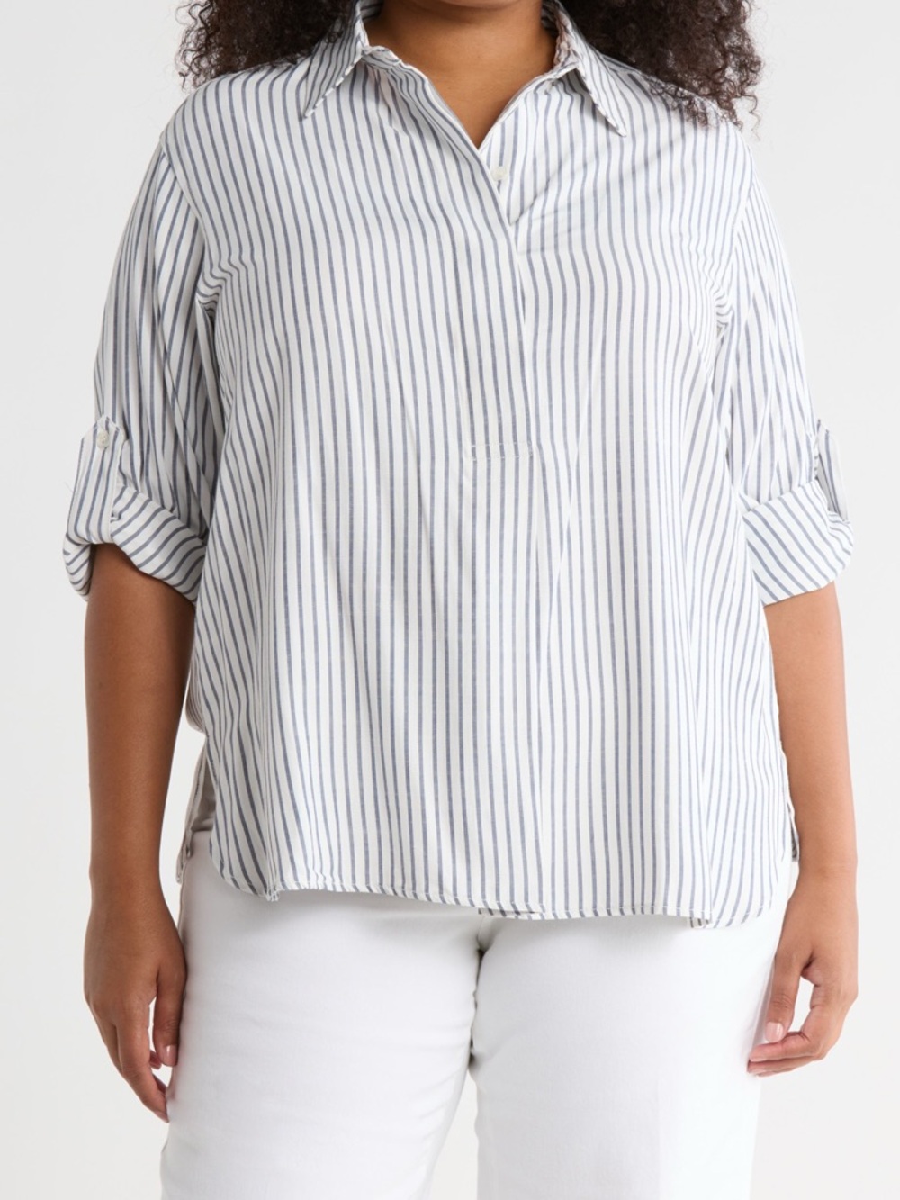 Max Studio Striped Pop Over Tunic with Navy Stripes